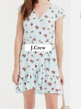 J.Crew 🌸 Mercantile Floral Wrap Dress Size 2 Light Blue Ruffle Hem